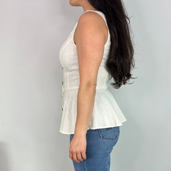 Modcloth Tan Linen Button Front Peplum Sleeveless Top - Picture 2 of 7